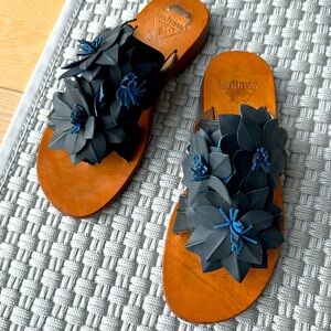 John Fluvog Leather Flower  Flip Flops